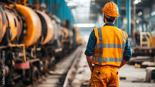 Rear view of a worker in safety vest in a train factory setting