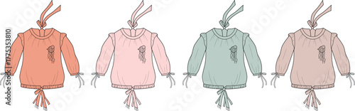 A collection of fashion flat sketches showcasing a romantic long-sleeve blouse with ribbon ties and ruffled cuffs in various soft pastel colors