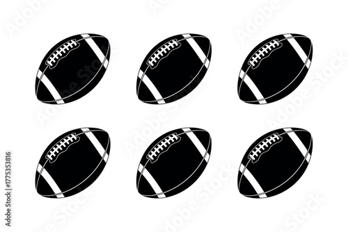 A minimalist image showing six black and white american footballs arranged neatly