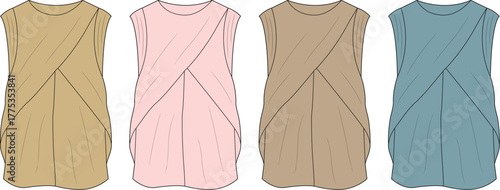 Flat design illustration of four women's tunics in various neutral colors, showcasing minimalist fashion