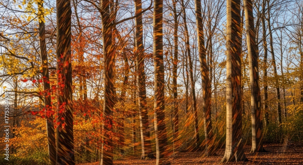 Fototapeta premium Autumn Forest with Light Streaks: Artistic Impression of Fall Foliage