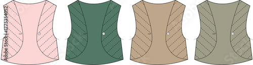 Fashion design technical flat sketch of a women's draped open-front vest in four colorways. Apparel template set