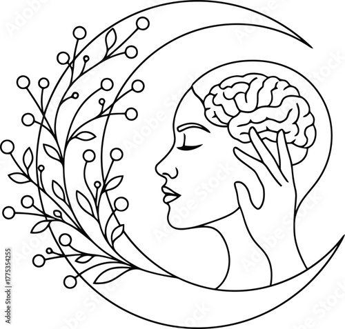 moon woman brain line art vector illustration, mental health, spiritual wellness concept