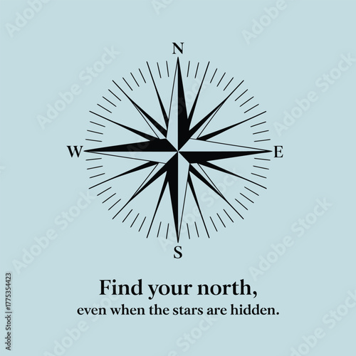 Black compass rose graphic with inspirational text on blue Keywords: compass, navigation
