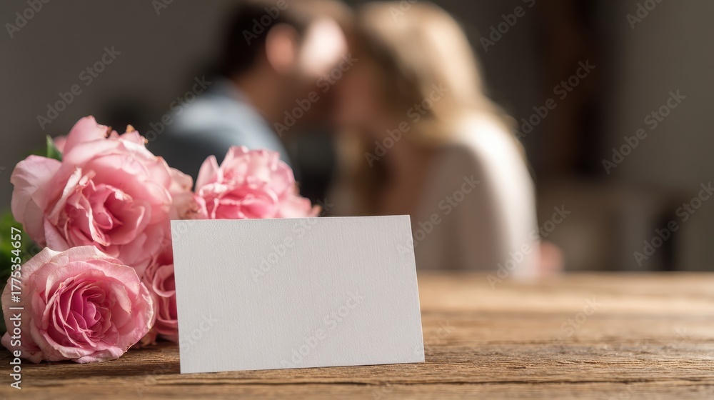 Obraz premium Romantic setting with a bouquet of pink roses and a blank card on a wooden table in soft focus, with a couple in the background sharing a tender moment.