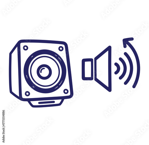 Hand drawn loudspeaker and sound waves illustration showing volume and audio output