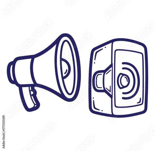 Hand drawn outline illustrations of a megaphone and a speaker with sound waves