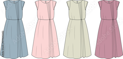 A collection of women's sleeveless summer dresses with a pleated bodice and cinched waist. Technical flat sketch for fashion design and apparel manufacturing
