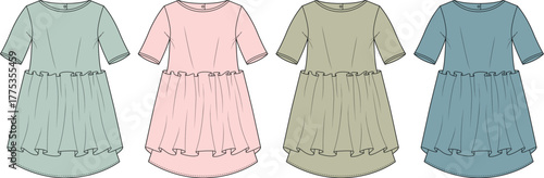 Set of fashion technical flat sketches of a girl's dress with a gathered waist and bubble hem, presented in four pastel color options