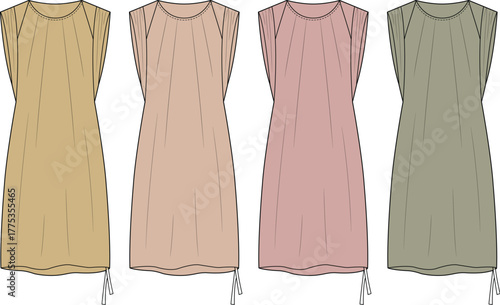 Fashion flat sketch set of a women's sleeveless dress with a gathered neckline and drawstring hem. Technical vector illustration template in four colorways