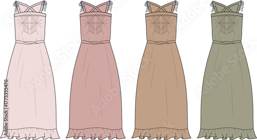 Fashion illustration of four women's dresses in subtle pastel colors with delicate straps and ruffled hems