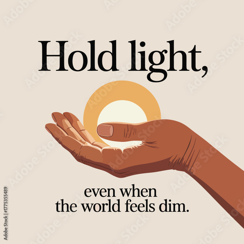Hand holding a glowing orb of light with text graphic design