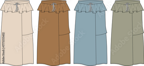Set of women's long tiered skirts with ruffle waistband and drawstring. Fashion technical flat vector illustration in multiple colors