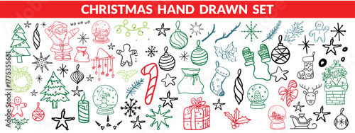 Christmas drawn holly line decor, pine branch, snowflake background. Hand drawn doodle sketch holly floral, christmas tree leaves, winter pine. Holiday ornament sketch doodle. Christmas hand drawn set