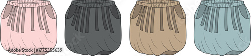 Set of technical fashion flat sketches showing women's high-waisted tulip shorts with pleats and pockets in four different colorways