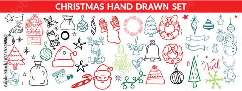 Christmas drawn holly line decor, pine branch, snowflake background. Hand drawn doodle sketch holly floral, christmas tree leaves, winter pine. Holiday ornament sketch doodle. Christmas hand drawn set