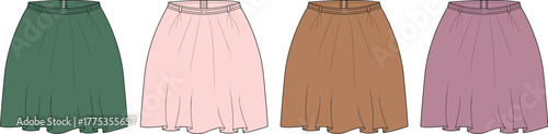 Set of midi skirts in different colors. Fashion technical sketch collection of A-line flared skirts with high waist. Vector illustration for apparel design and clothing manufacturing
