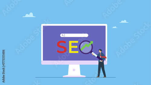 Businessman hold magnifying glass on SEO rising arrow search box. SEO Search Engine Optimization, website search result, advertising or marketing to boost web ranking or user discovery.