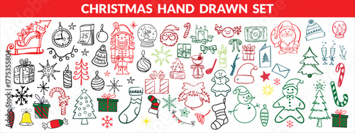 Christmas drawn holly line decor, pine branch, snowflake background. Hand drawn doodle sketch holly floral, christmas tree leaves, winter pine. Holiday ornament sketch doodle. Christmas hand drawn set