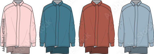 Vector template of a unisex collared jacket shown in four different colorways. Technical flat sketch for fashion design and apparel production