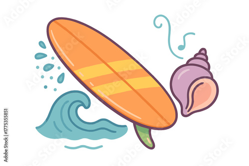 Bright orange surfboard with yellow stripes floating above a blue ocean wave and purple conch shell