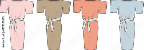 Collection of casual off-the-shoulder midi dresses with a white waist belt. Vector fashion illustration for apparel design in multiple color options