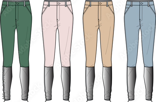 Equestrian Breeches And Boots In Four Different Colors Green, Pink, Tan, And Blue