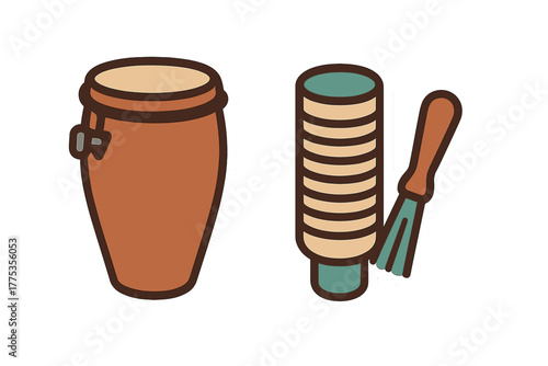 Traditional Latin percussion instruments conga drum and guiro with scraper sticker set