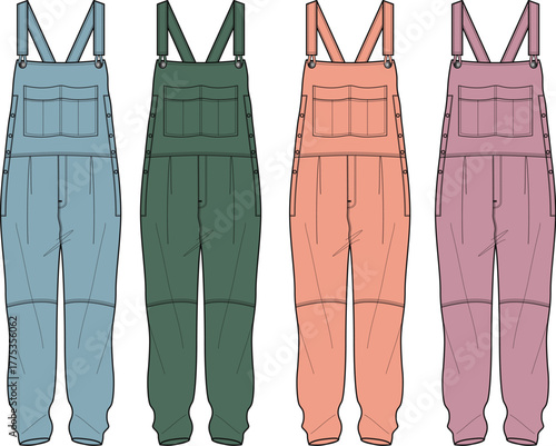 Illustration of four pairs of bib overalls in different colors, front view
