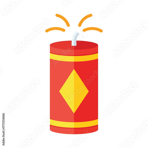 Red and yellow firecracker with sparks on white background