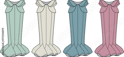 Collection of four elegant, floor-length gowns in pastel colors, featuring ruffled hemlines and sophisticated bodice designs