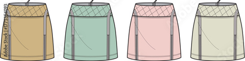 Fashion illustration of four different colored skirts with distinct top bands
