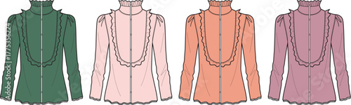 Fashion illustrations of women's blouses in various colors for design and creative purposes