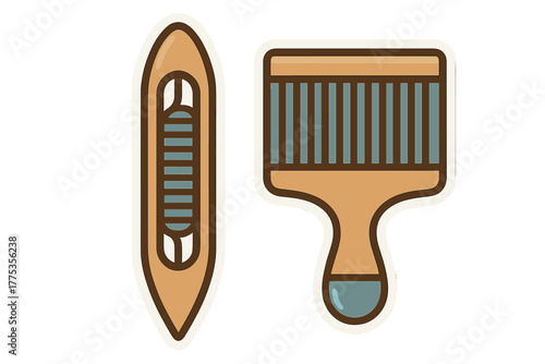 Traditional wooden shuttle and reed weaving tools used for textile craft production equipment