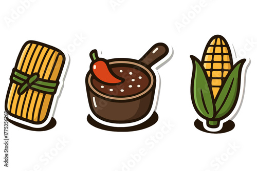 Stylized traditional Mexican dishes featuring tamale, spicy chili sauce, and fresh corn on the cob