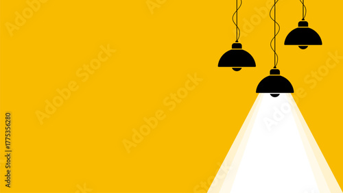 Minimal hanging lamps casting bright light on yellow background, concept of idea spotlight and creativity illumination