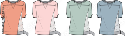 Set of fashion flat sketches showing a women's raglan sleeve sweatshirt with a side panel and tie detail. Technical vector illustration for apparel design