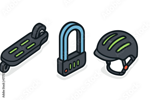 Isometric electric scooter deck, heavy duty U-lock, and protective safety helmet