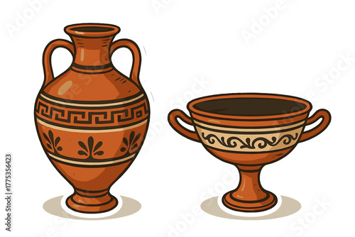 Ancient Greek terracotta amphora and stemmed cup with traditional geometric patterns