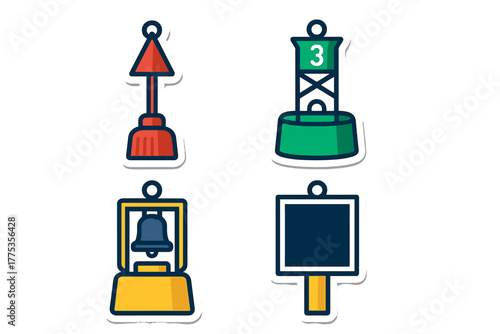 Colorful maritime navigation buoys and channel markers for safe boating routes