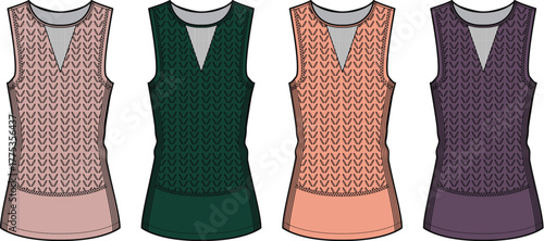 Vector illustration of four sleeveless knitted tops in different colors, featuring a textured pattern and v-neck design. Flat technical drawing of women's fashion apparel for design templates