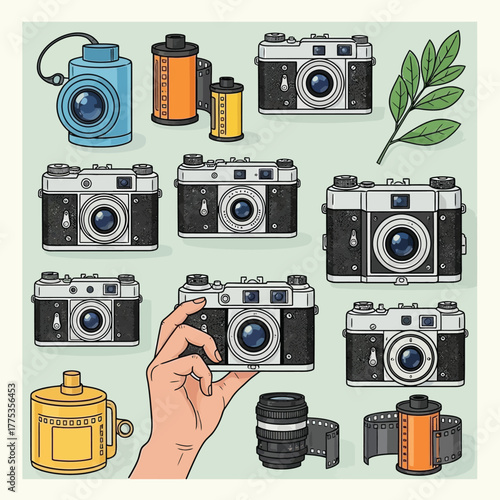 Retro cameras and film reels in a colorful nostalgic arrangement