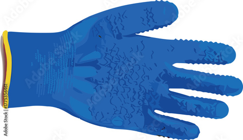 Blue textured glove with grip pattern and reinforced cuff, industrial safety gear, protective accessory, cad drawing flat vector illustration