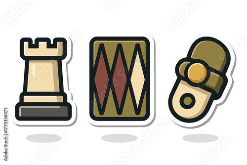 Three cartoonish game stickers featuring a chess piece, decorative banner, and oval token design