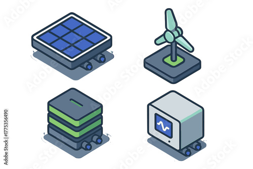 Isometric collection of renewable energy sources solar panel wind turbine data storage and monitoring equipment