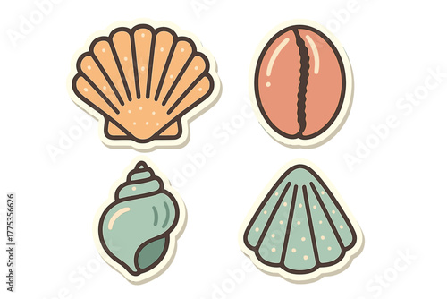 Collection of four colorful stylized marine mollusk shells isolated on white background