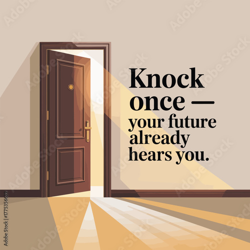 Open door with light rays and motivational text Knock once hope