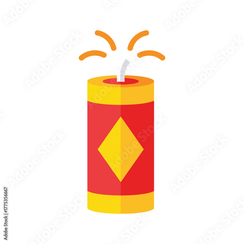 Red and yellow firecracker with sparks on white background