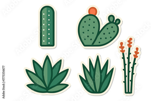 Various desert succulent plants and prickly pear cactus stickers collection