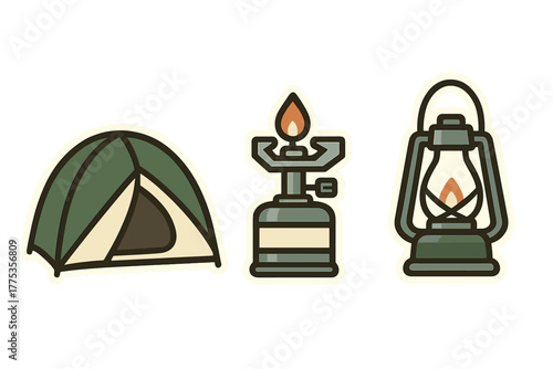 Outdoor camping equipment set featuring a dome tent, portable gas stove, and vintage kerosene lantern